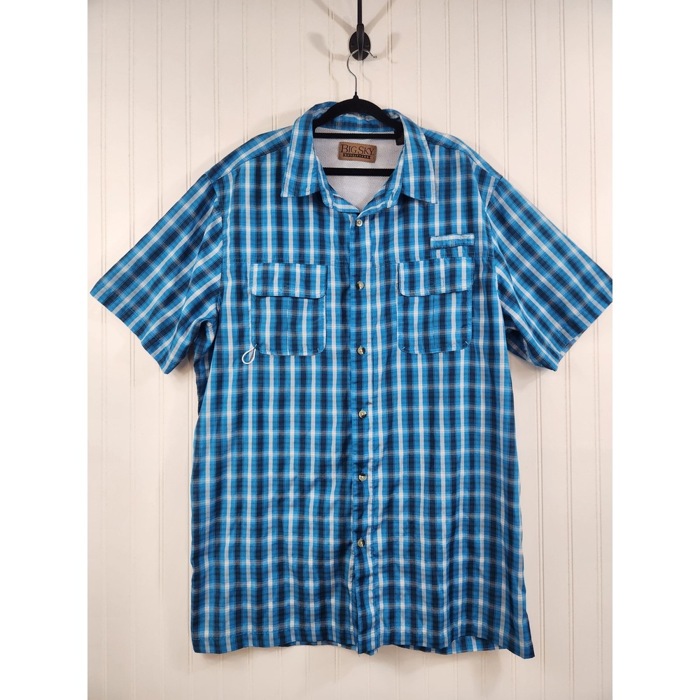 Big Sky Outfitters‎ Mens XXL Blue Plaid Short Sleeve Fishing Shirt Vented Back